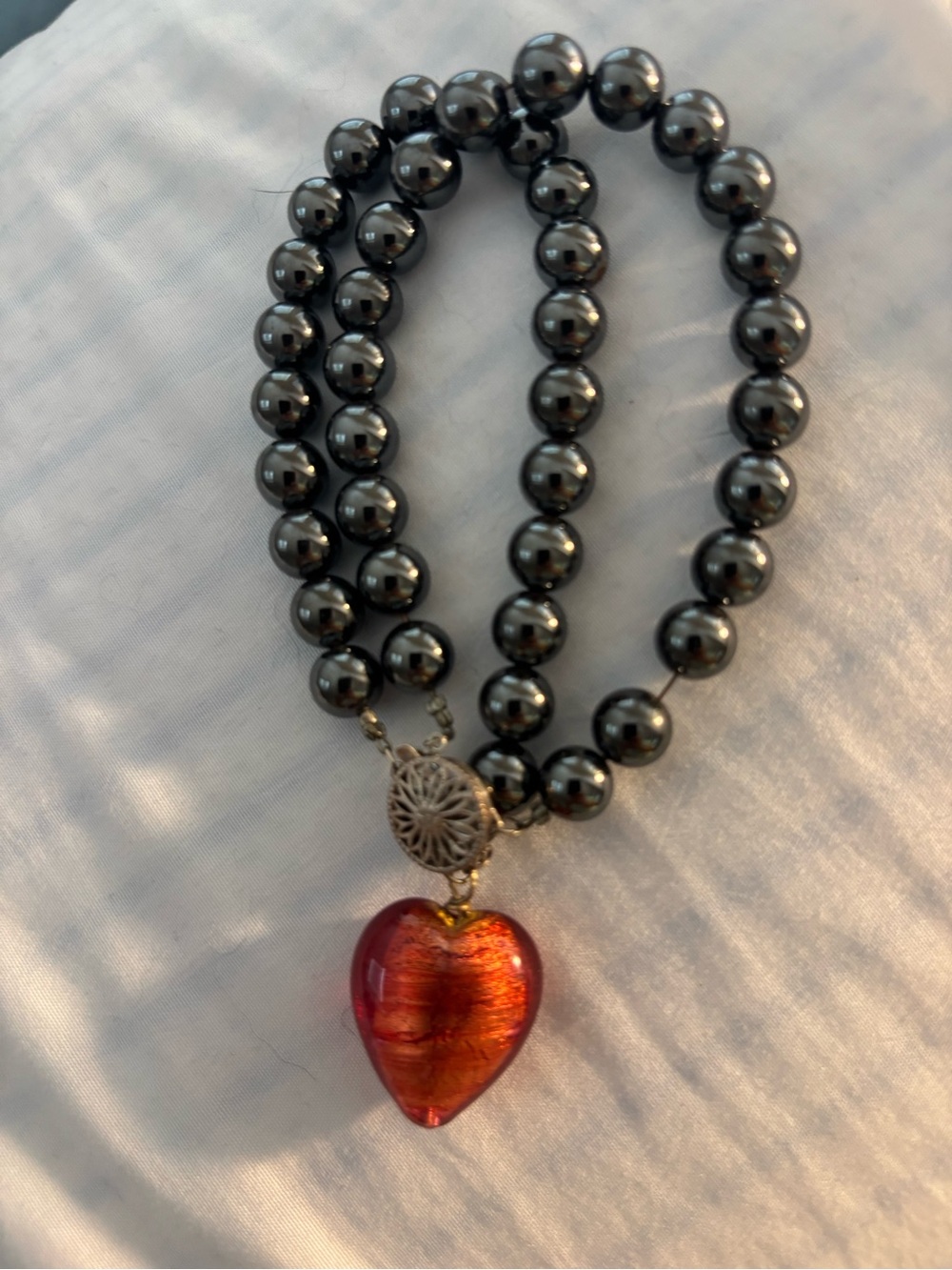 Handcrafted Chunky Hematite Beads  with Red Heart bracelet